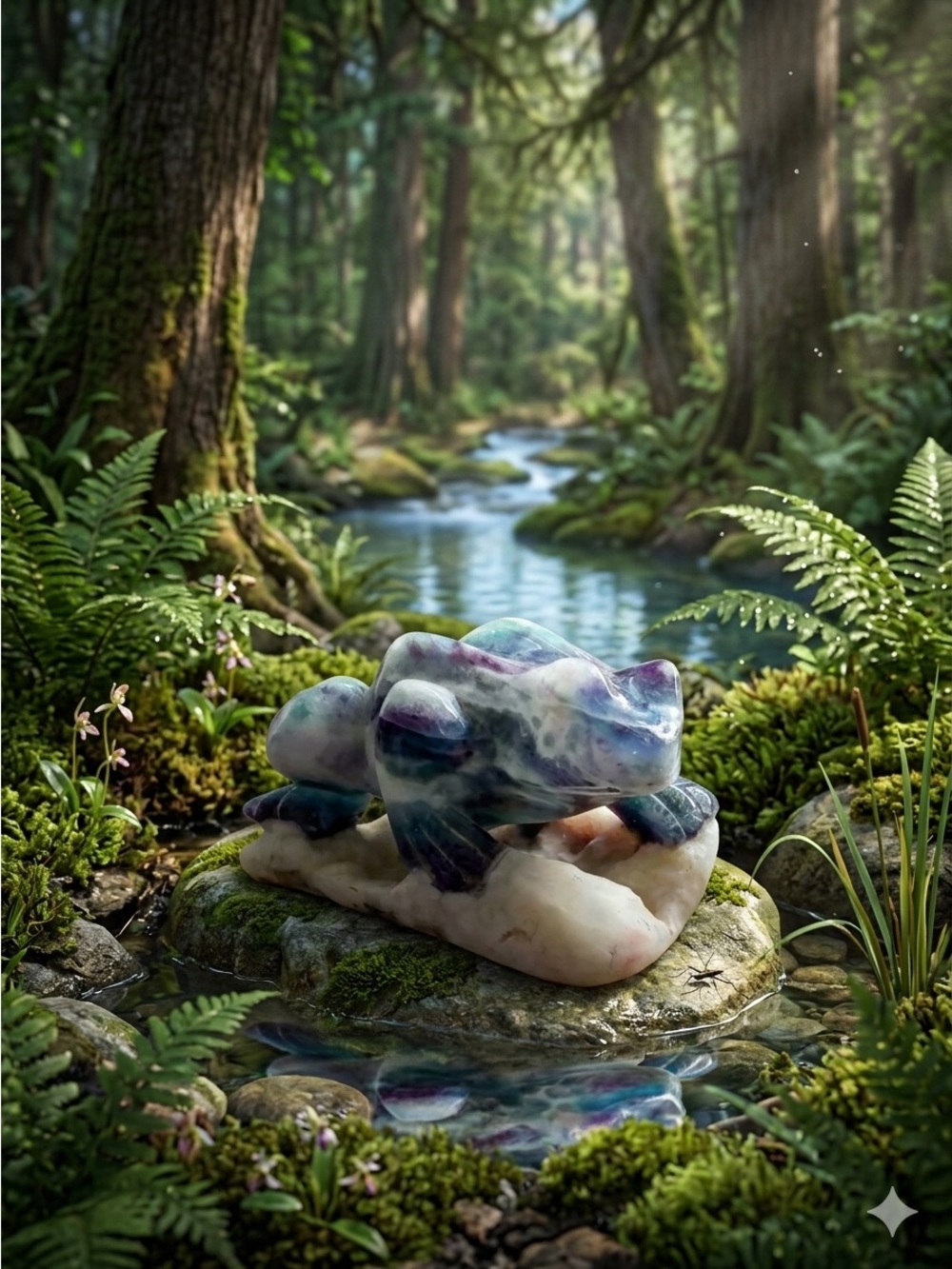 Rainbow Fluorite Green and Purple Marble Frog Carving